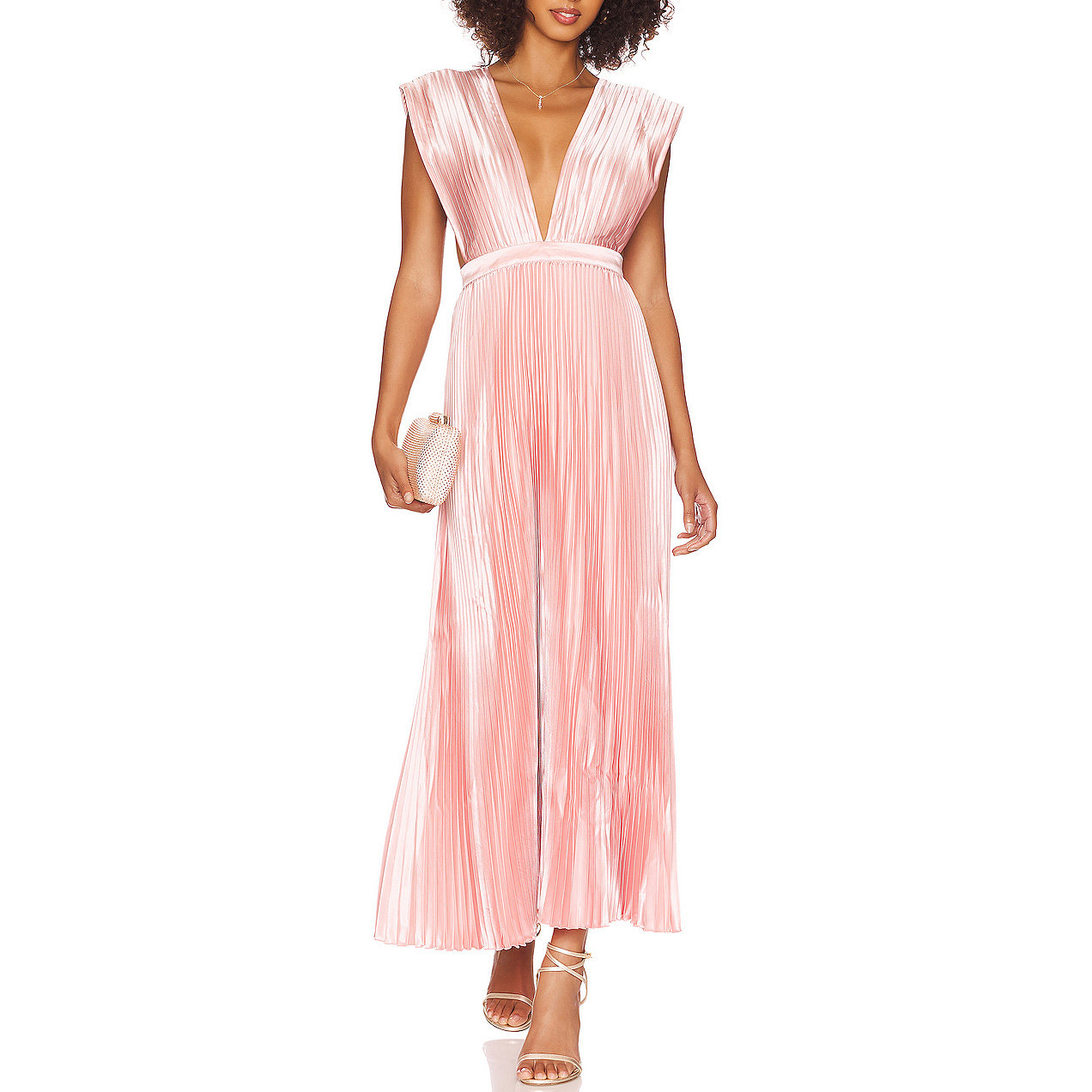 WOMEN SEXY PLUNGING NECK LONG MAXI HOT PINK EVENING PLEATED DRESSES